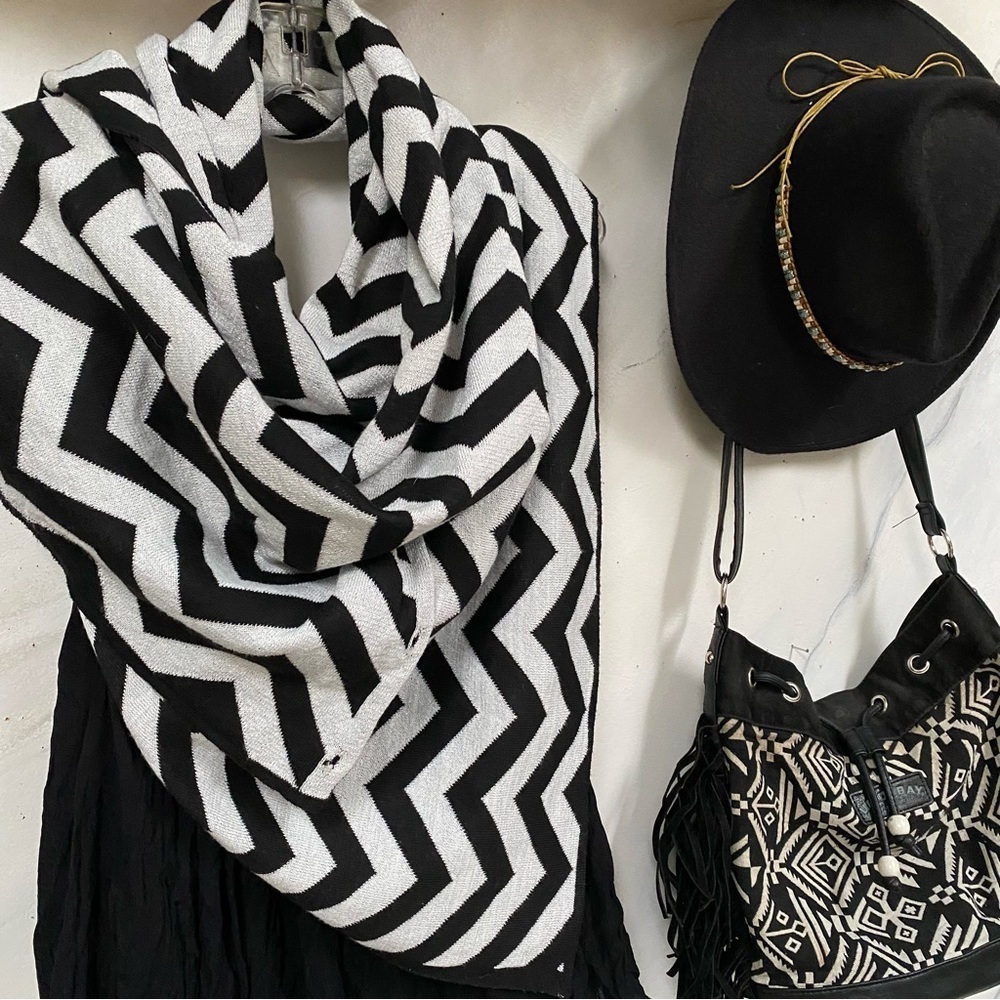 Chevron Black and White boho Poncho/scarf/body wrap w silver metallic sparkle